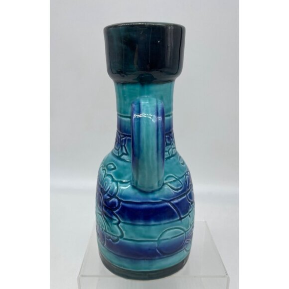 MCM Japan Turquoise & Cobalt Blue Floral Ceramic Pitcher Vase 7.5" With Handle - Picture 4 of 11